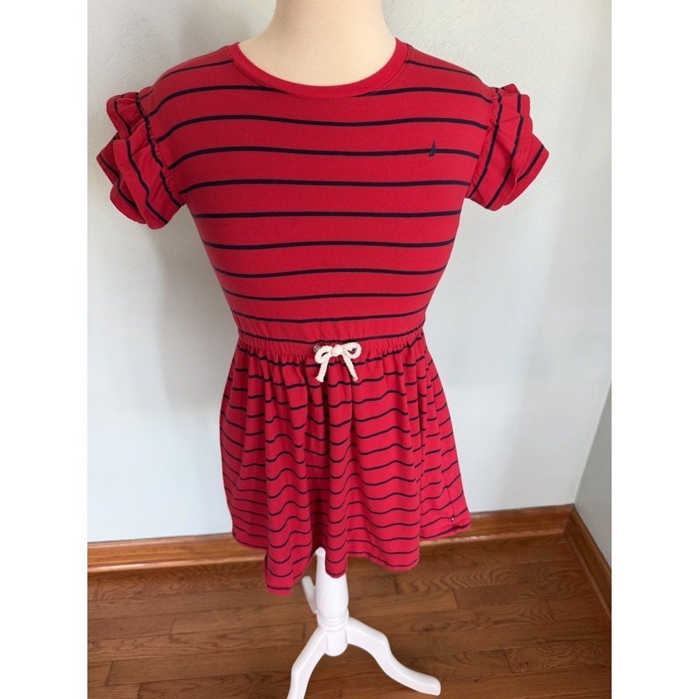 Nautica Girls' Red Navy Striped Knit Jersey Dress Ruffle Sleeve Bow Detail Sz M